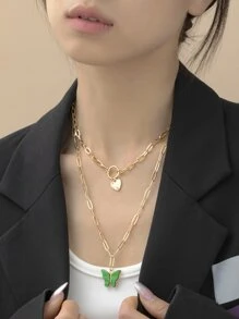 2pcs Heart & Butterfly Charm Necklace - Yellow Gold - View 1