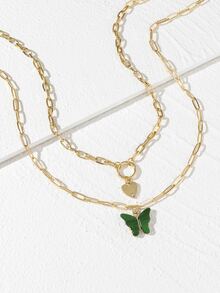 2pcs Heart & Butterfly Charm Necklace - Yellow Gold - View 4