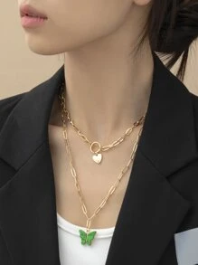 2pcs Heart & Butterfly Charm Necklace - Yellow Gold - View 6