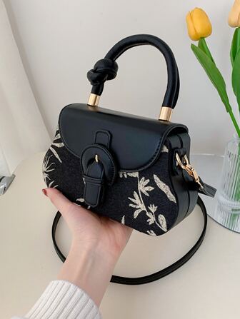 Sac Carré À Rabat Décoré De Boucle À Motif De Plante Pour Femme, Sac À Main, Sac Bandoulière, Sac À Bandoulière, Léger, Portable, Décontracté, Vintage, Cadeau Pour Femme