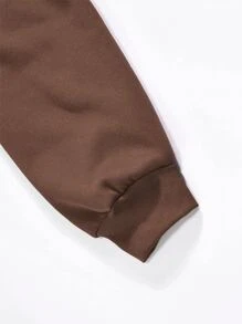 SHEIN EZwear Letter Graphic Kangaroo Pocket Drawstring Thermal Hoodie - Chocolate Brown - View 4