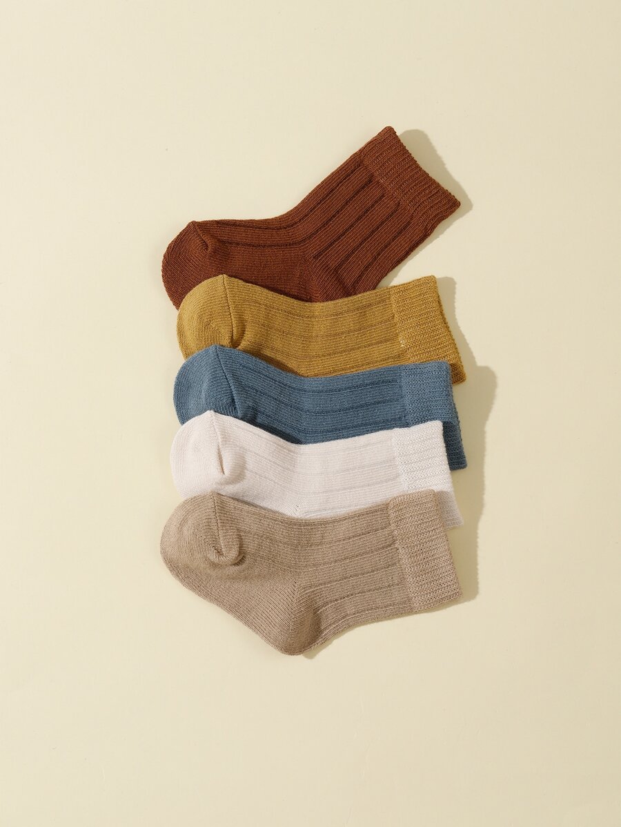 5pairs Baby Boys' Double Needle Solid Color Mid-Calf Socks