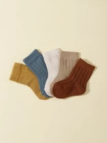 5pairs Baby Boys' Double Needle Solid Color Mid-Calf Socks