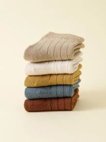 5pairs Baby Boys' Double Needle Solid Color Mid-Calf Socks