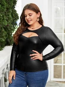 SHEIN Privé Áo thun Plus size Cắt ra màu trơn Gợi cảm - màu đen - Xem 4