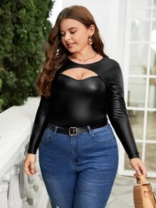 SHEIN Privé Áo thun Plus size Cắt ra màu trơn Gợi cảm - màu đen - Xem 5