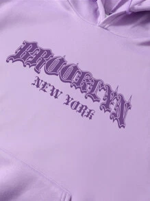 SHEIN EZwear Letter Graphic Kangaroo Pocket Drawstring Thermal Hoodie - Lilac Purple - View 8