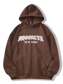 SHEIN EZwear Letter Graphic Kangaroo Pocket Drawstring Thermal Hoodie - Coffee Brown - View 1