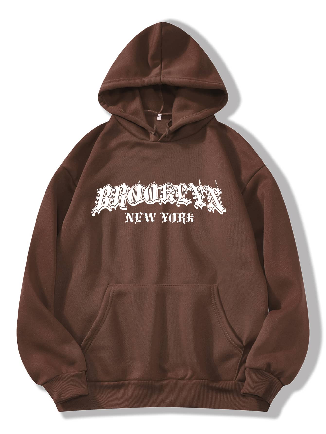 SHEIN EZwear Letter Graphic Kangaroo Pocket Drawstring Thermal Hoodie - Coffee Brown - View 1