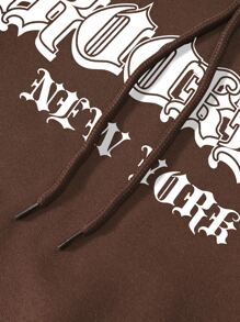 SHEIN EZwear Letter Graphic Kangaroo Pocket Drawstring Thermal Hoodie - Coffee Brown - View 3