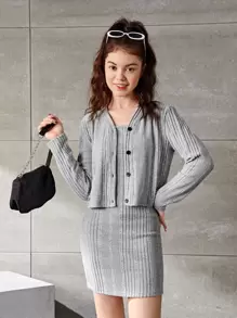 SHEIN 青少年女孩條紋針織前紐扣上衣和連衣裙 - 灰色 - 查看 1