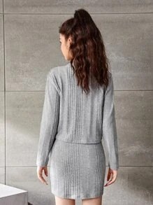 SHEIN 青少年女孩條紋針織前紐扣上衣和連衣裙 - 灰色 - 查看 2