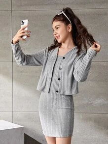 SHEIN 青少年女孩條紋針織前紐扣上衣和連衣裙 - 灰色 - 查看 5