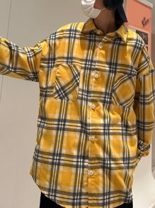 Manfinity Men Tartan Print Drop Shoulder Pocket Patched Shirt - Mustard Yellow - View 1