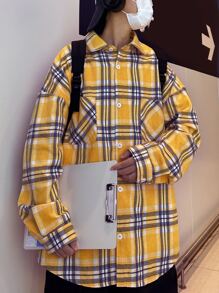 Manfinity Men Tartan Print Drop Shoulder Pocket Patched Shirt - Mustard Yellow - View 3