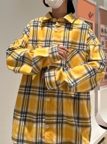 Manfinity Men Tartan Print Drop Shoulder Pocket Patched Shirt - Mustard Yellow - View 4
