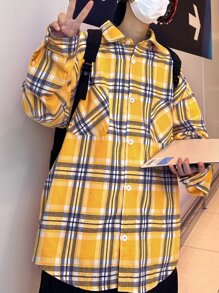 Manfinity Men Tartan Print Drop Shoulder Pocket Patched Shirt - Mustard Yellow - View 5