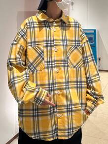 Manfinity Men Tartan Print Drop Shoulder Pocket Patched Shirt - Mustard Yellow - View 6