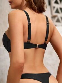 SHEIN Swim Áo Tops Bikini Nữ Thắt nút Xù màu trơn - màu đen - Xem 2