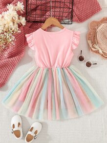 SHEIN Toddler Girls Unicorn Print Ruffle Trim Ombre Mesh Overlay Dress - Multicolor - View 2