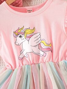 SHEIN Toddler Girls Unicorn Print Ruffle Trim Ombre Mesh Overlay Dress - Multicolor - View 4