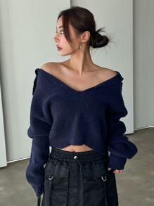 DAZY Women Sweaters Rib-Knit Plain Casual - Navy Blue - View 1