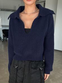 DAZY Women Sweaters Rib-Knit Plain Casual - Navy Blue - View 4