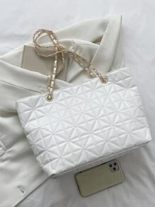 米色 PU 时尚简约风格大容量菱格绗缝金属链拉链单肩手提包适合女性日常通勤、旅行、度假、聚会、女友聚餐、女友生日礼物、女友情人节礼物、女士工作包 - 白色 - 查看 5
