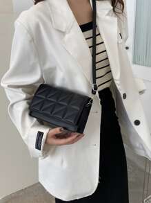 輕盈的商務休閒迷你純色拼接方扣肩袋,格子設計單肩斜挎包,簡單的錢包,配有可調節的肩帶,適合少女女大學生,菜鳥和白領工人,非常適合辦公室,學院,工作,商務,通勤,戶外旅行,郊遊 - 黑色 - 查看 7