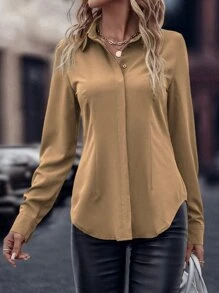 SHEIN Clasi Áo sơ mi nữ Nút phía trước màu trơn Giải trí - Màu be - Xem 1