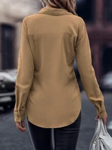 SHEIN Clasi Áo sơ mi nữ Nút phía trước màu trơn Giải trí - Màu be - Xem 2