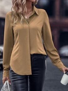 SHEIN Clasi Áo sơ mi nữ Nút phía trước màu trơn Giải trí - Màu be - Xem 3