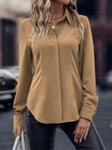 SHEIN Clasi Áo sơ mi nữ Nút phía trước màu trơn Giải trí - Màu be - Xem 4