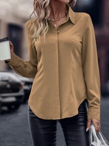 SHEIN Clasi Áo sơ mi nữ Nút phía trước màu trơn Giải trí - Màu be - Xem 6