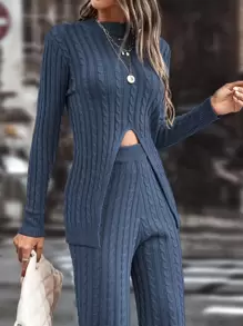 SHEIN Unity 1 pieza Jersey tejido de cable bajo con abertura - Azul - Ver 1