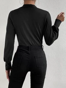 Chiquease Surplice Neck Lantern Sleeve Bodysuit Fall Cloth For Women - Black - View 2