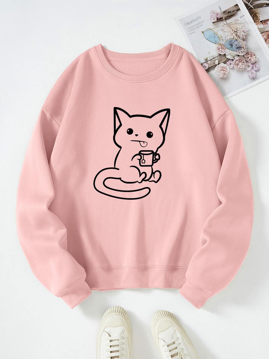 SHEIN EZwear Cartoon Graphic Thermal Lined Sweatshirt - Baby Pink - View 1