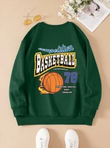 SHEIN EZwear Plus Basketball & Letter Graphic Thermal Pullover - Dark Green - View 1