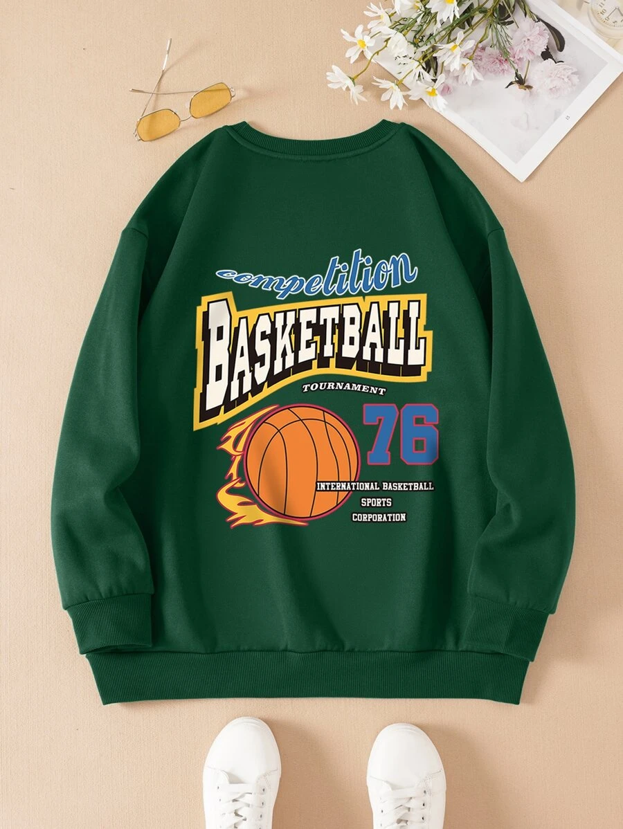 SHEIN EZwear Plus Basketball & Letter Graphic Thermal Pullover - Dark Green - View 1