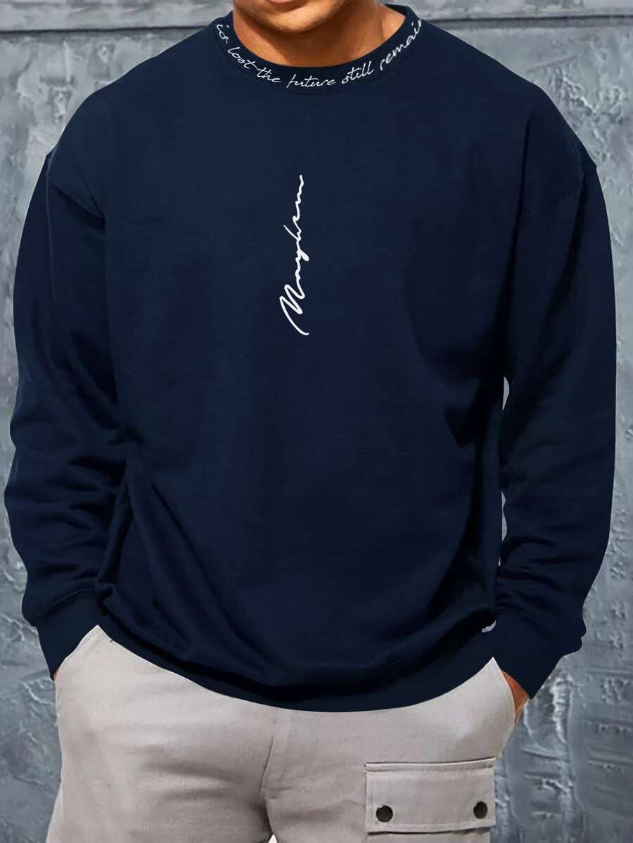 Manfinity Homme Men Slogan Graphic Drop Shoulder Sweatshirt - Navy Blue - View 1
