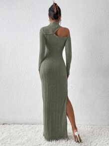 SHEIN Privé Asymmetrical Neck Cut Out Split Thigh Dress - Green - View 2