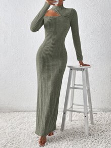 SHEIN Privé Asymmetrical Neck Cut Out Split Thigh Dress - Green - View 3