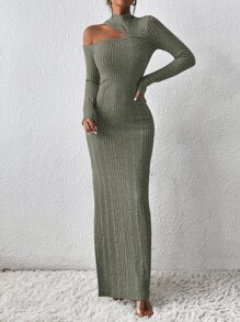 SHEIN Privé Asymmetrical Neck Cut Out Split Thigh Dress - Green - View 4