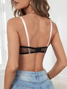 Mesh Contrast Lace Trim Bow Front Underwire Bra - Black - View 2
