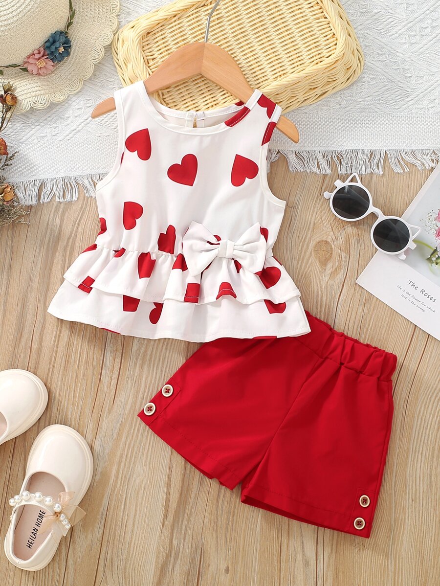 SHEIN Young Girl Heart Print Bow Front Peplum Tank Top & Button Shorts