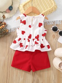 SHEIN Young Girl Heart Print Bow Front Peplum Tank Top & Button Shorts