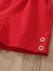 SHEIN Young Girl Heart Print Bow Front Peplum Tank Top & Button Shorts