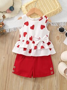 SHEIN Young Girl Heart Print Bow Front Peplum Tank Top & Button Shorts