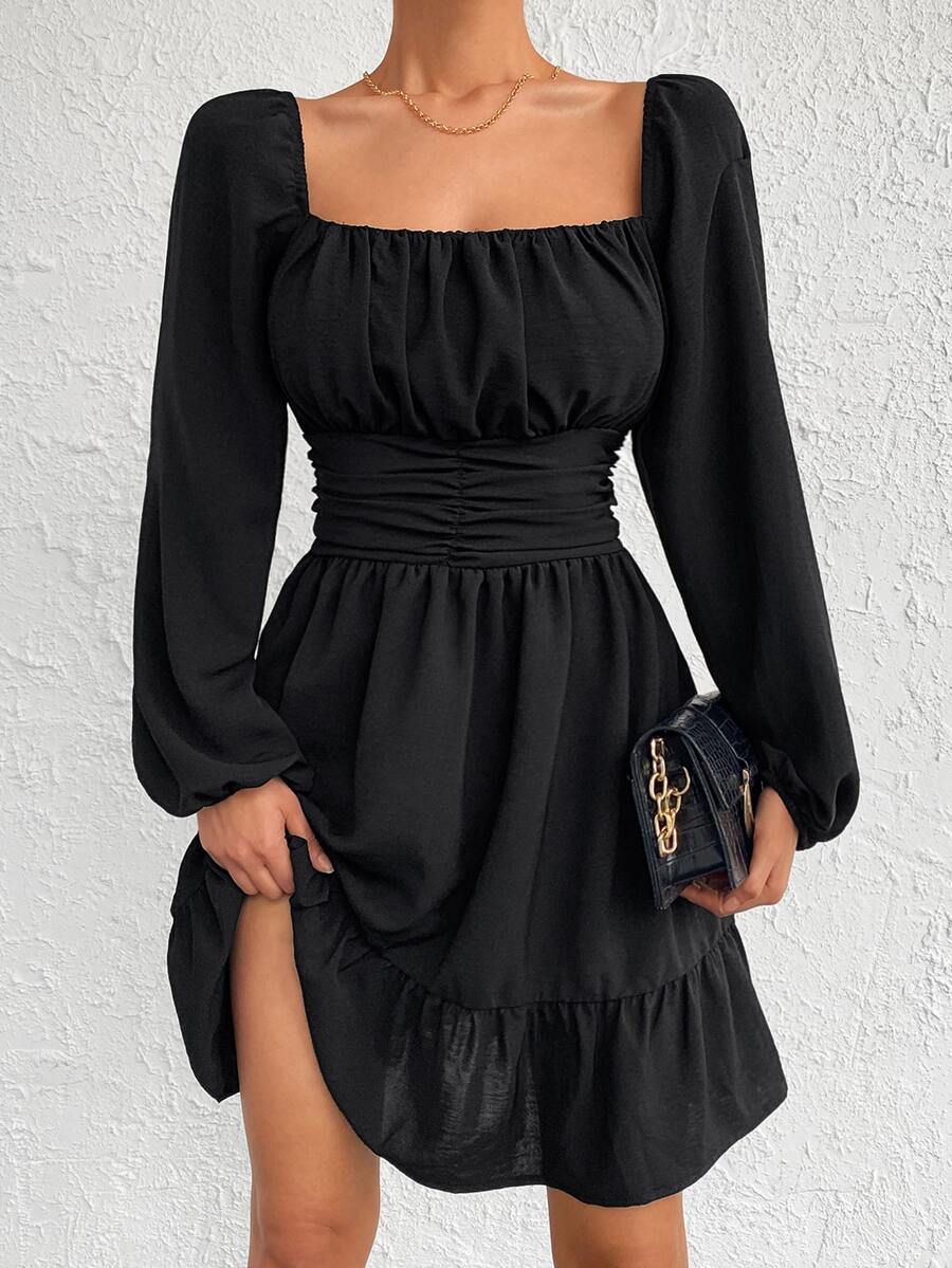 EURMUSE Vestido de cuello cuadrado de manga farol fruncido bajo con fruncido - Negro - Ver 1