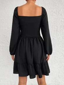 EURMUSE Vestido de cuello cuadrado de manga farol fruncido bajo con fruncido - Negro - Ver 2